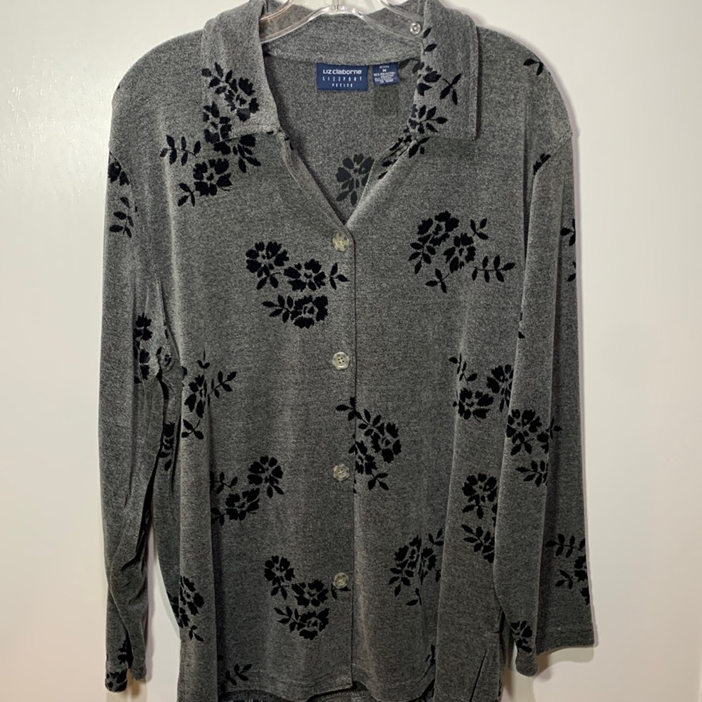 Liz Clairborne Lizsport Petite M Gray with Velvet Black Flowers Collared Sweater